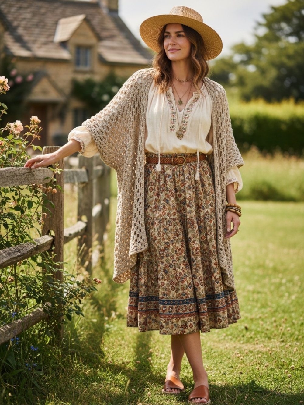 Chico's Black Label Taupe Open Weave Crochet Cardigan - Boho Poetcore
